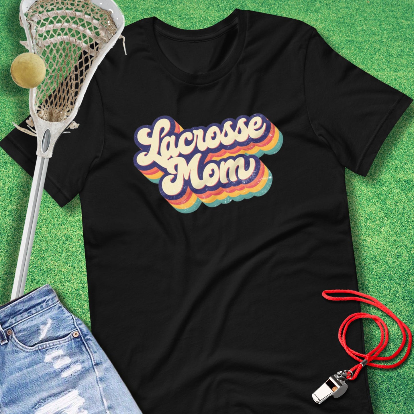 Lacrosse Mom Retro Rainbow T-Shirt in Black - Lax Mom T-Shirt | Sideline Gods