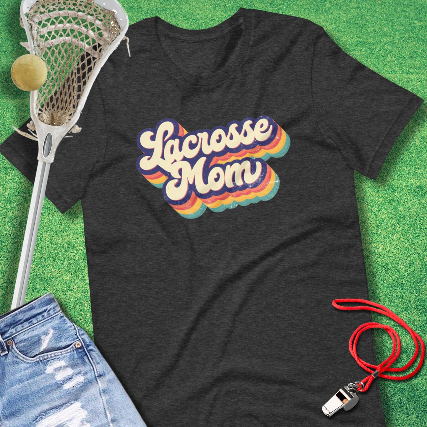 Lacrosse Mom Retro Rainbow T-Shirt in Dark Grey Heather - Lacrosse Mom Tournament T-Shirt | Sideline Gods