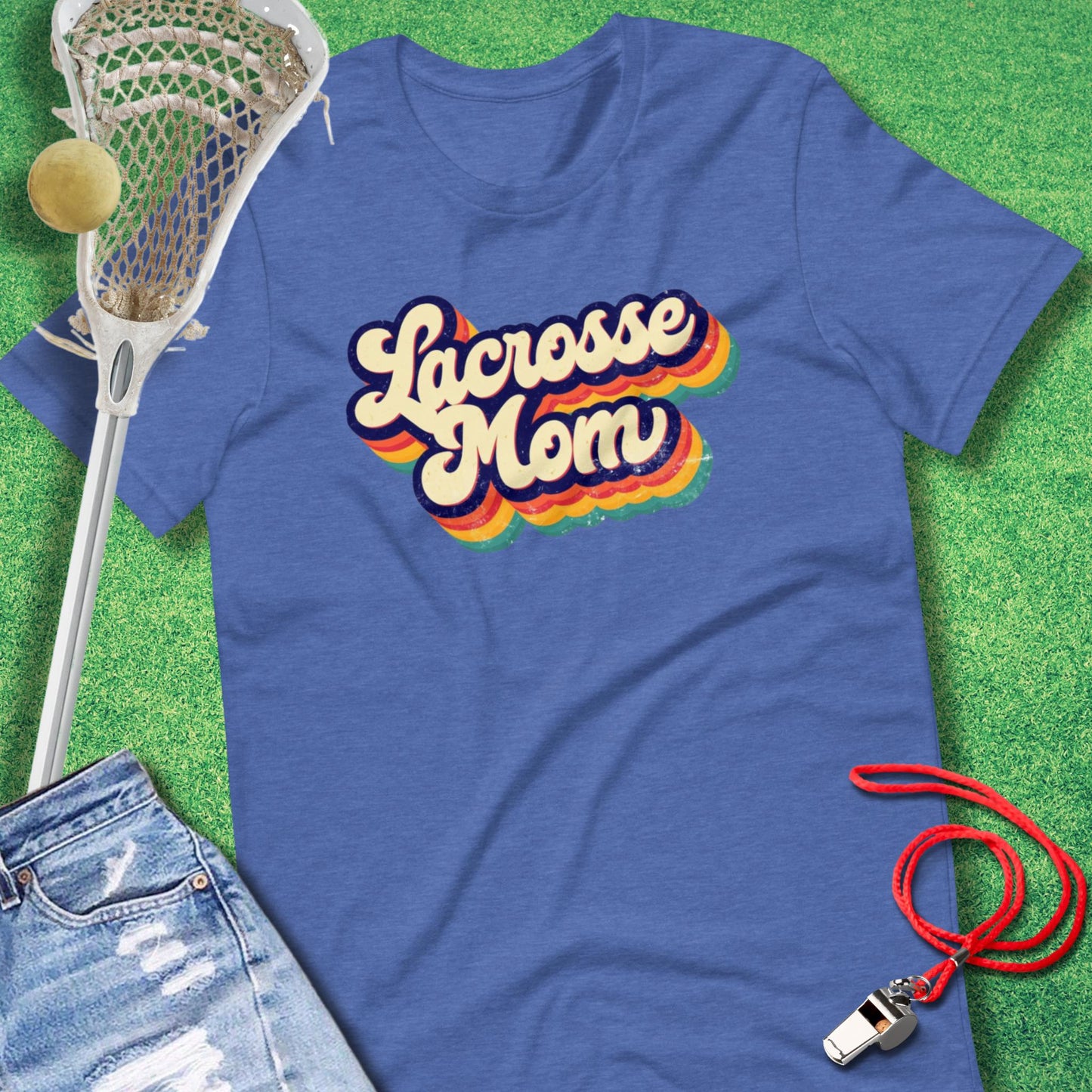 Lacrosse Mom Retro Rainbow T-Shirt in Heather True Royal - Lacrosse Mom Gift | Sideline Gods