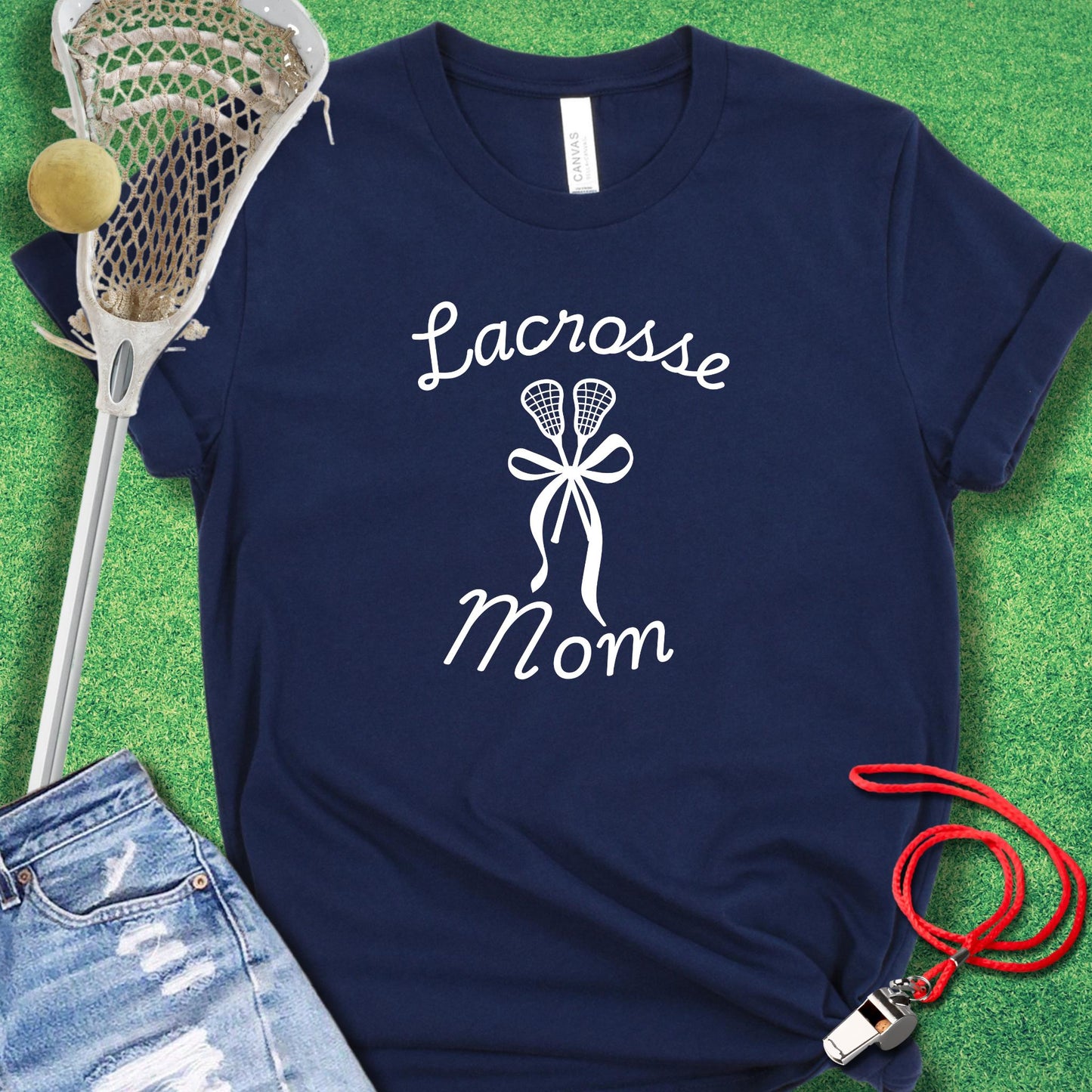 Lacrosse Mom: Sticks & Bows T-Shirt in Navy - Lacrosse Mom T-Shirt | Sideline Gods