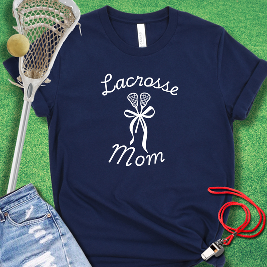 Lacrosse Mom T-shirt featuring lacrosse sticks tied with a bow graphic.