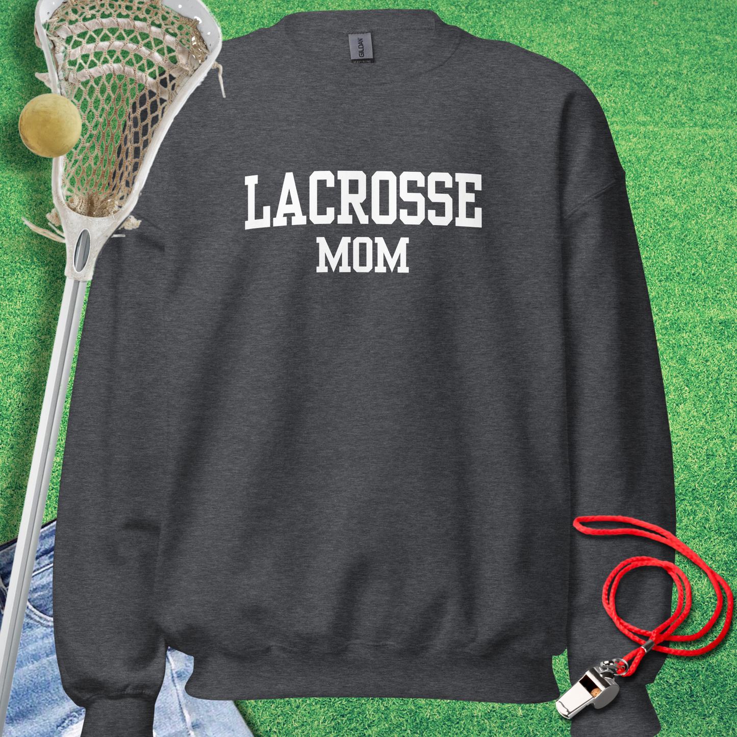 Lacrosse Mom Varsity Sweatshirt in Dark Heather - Lax Mom Gift | Sideline Gods