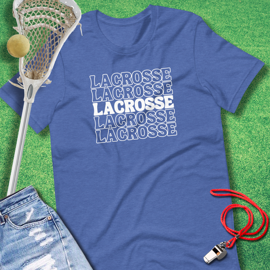 Lacrosse On Repeat T-Shirt in Heather True Royal - Retro Lacrosse T-Shirt for Players and Fans | Sideline Gods