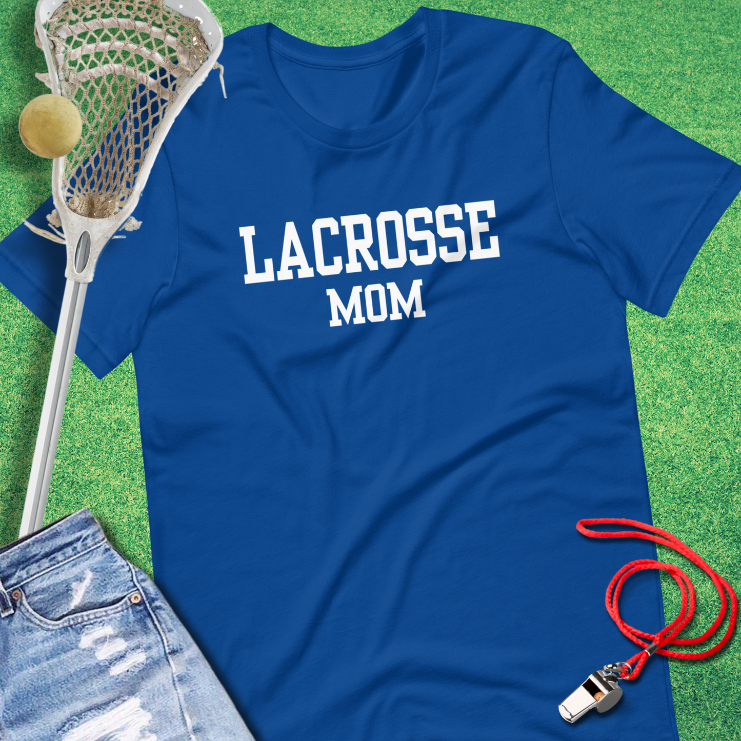 University-style Lacrosse Mom T-shirt for game days and tournaments blue