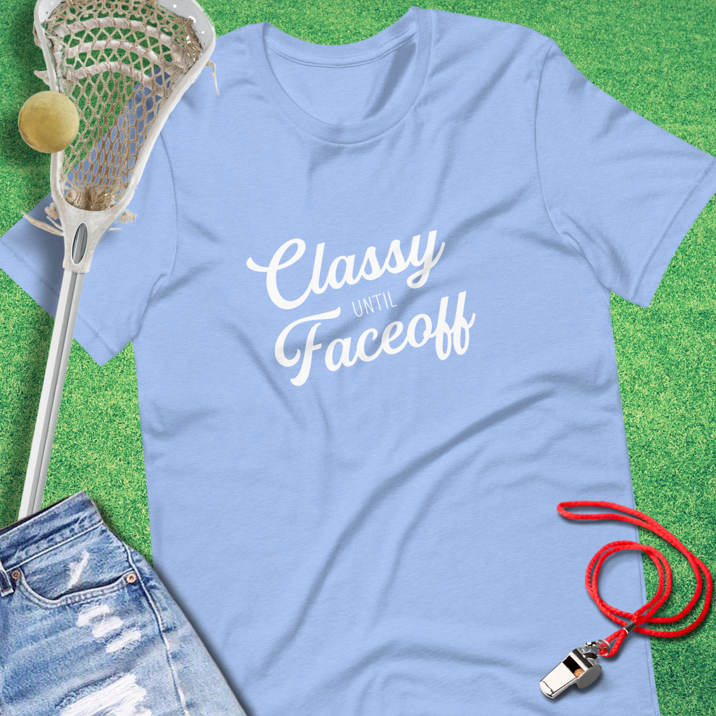 Sideline Gods Lacrosse Mom shirt with “Classy Until Faceoff” text blue gift