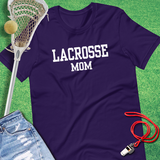 Lacrosse Mom shirt in classic university style font by Sideline Gods