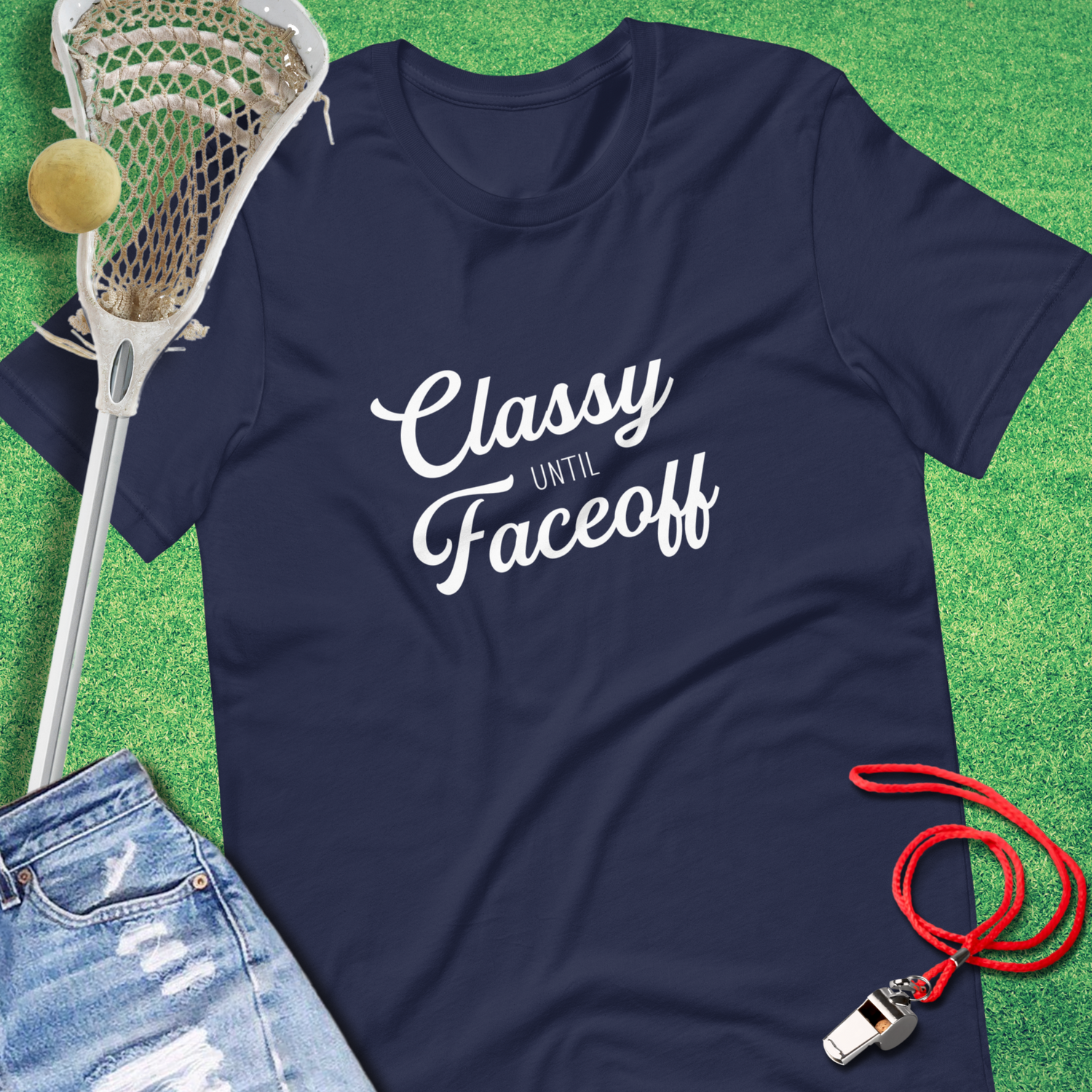 Classy Until Faceoff Lacrosse Mom T-shirt in stylish design by Sideline Gods navy tee