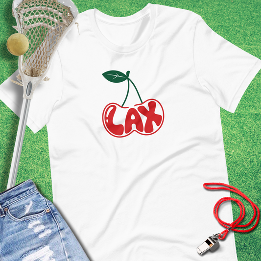 Lax Cherry T-Shirt in White - Unique Lacrosse T-Shirt for Players and Fans | Sideline Gods