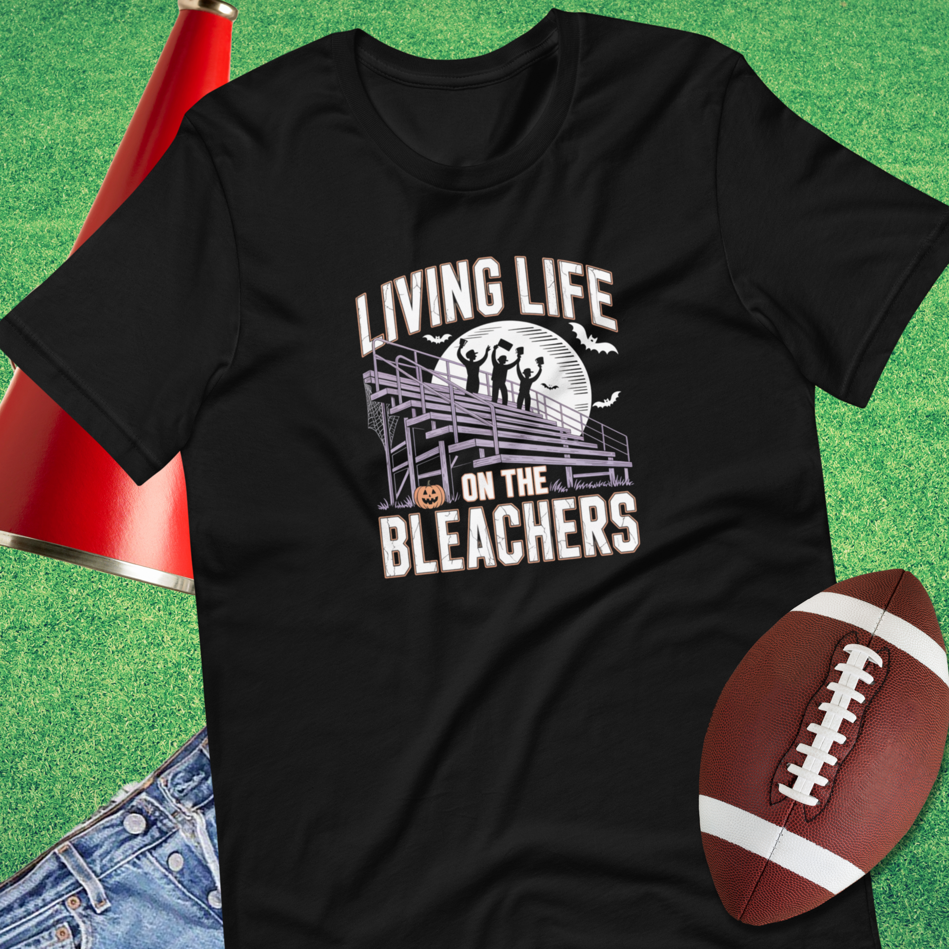 Living on the Bleachers design in black – halloween sports fan tee