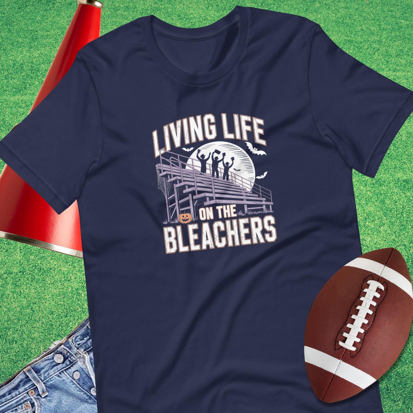 Living on the Bleachers T-Shirt in Navy – funny sports parent shirt