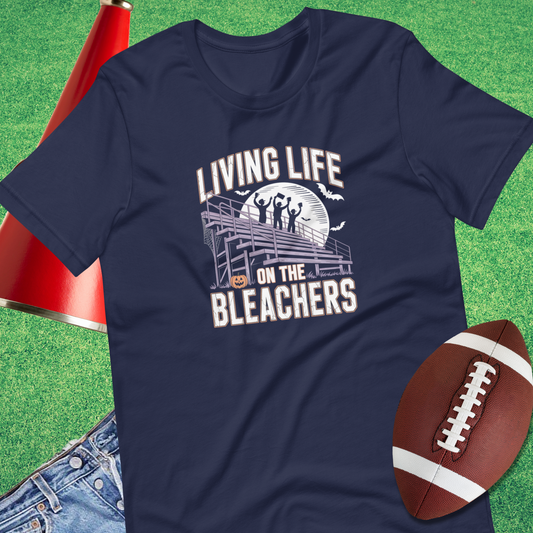 Living on the Bleachers T-Shirt in Navy – funny sports parent shirt