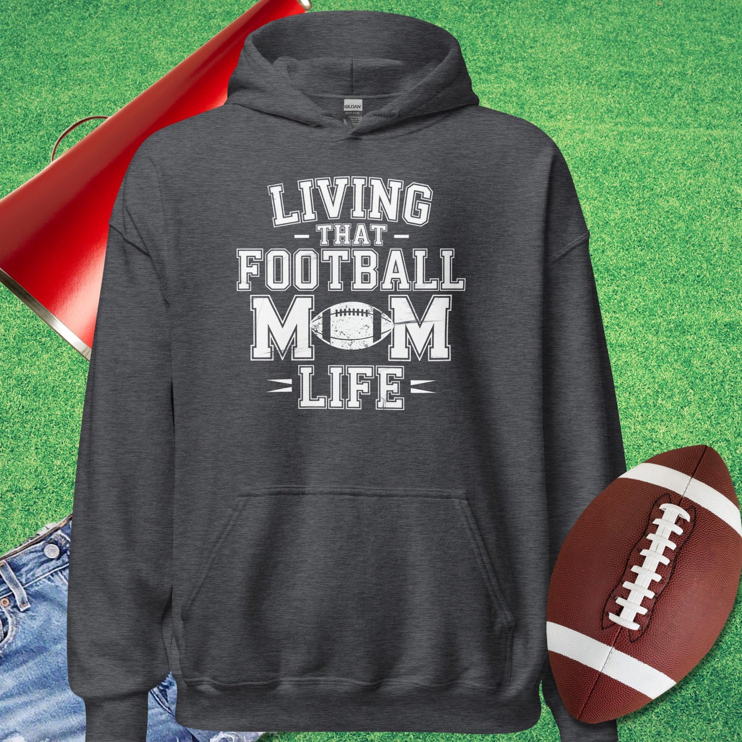 Living That Football Mom Life Hoodie in Dark Heather - Football Mom Birthday Gift by Sideline Gods