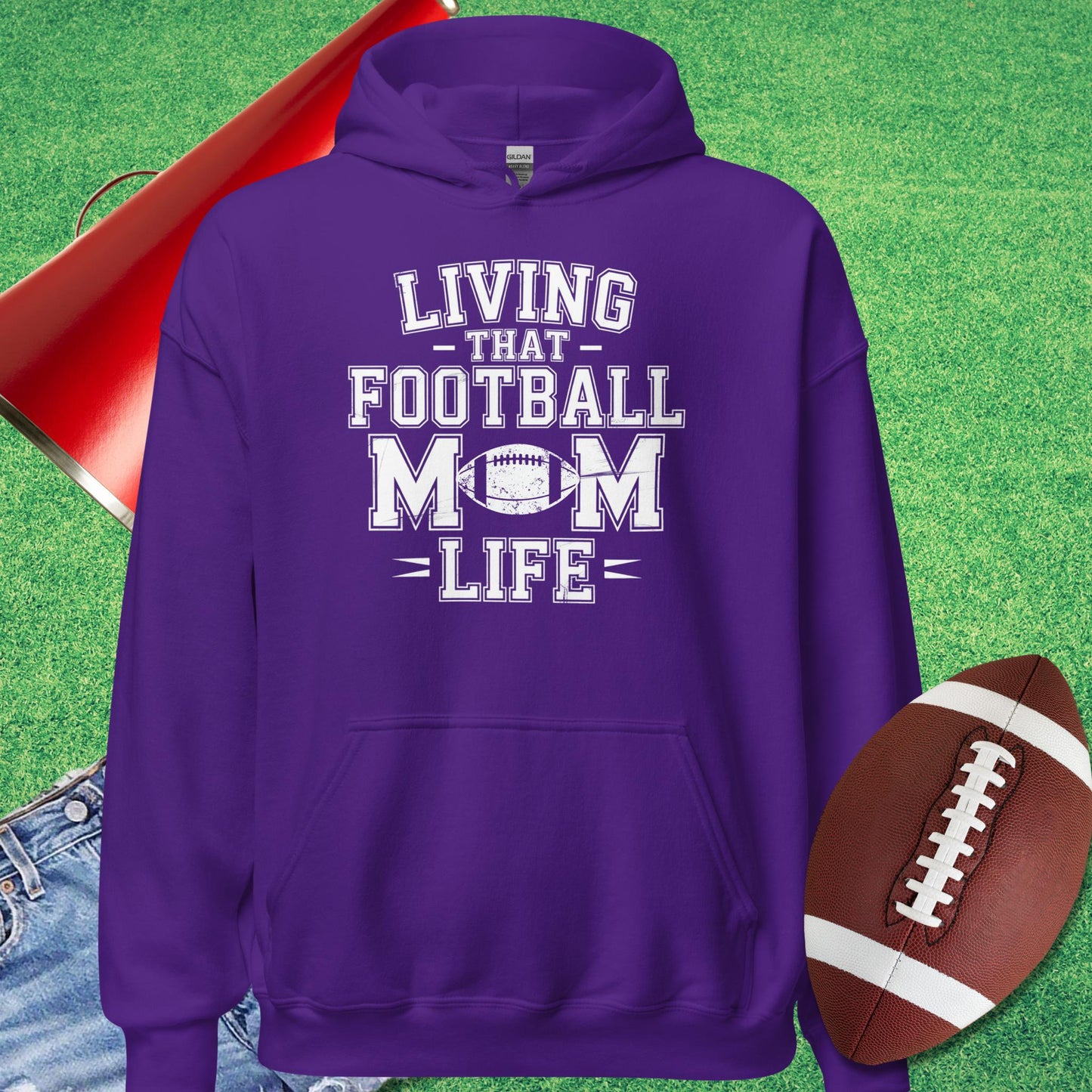 Living That Football Mom Life Hoodie in Purple - Football Mom Christmas Gifts by Sideline Gods