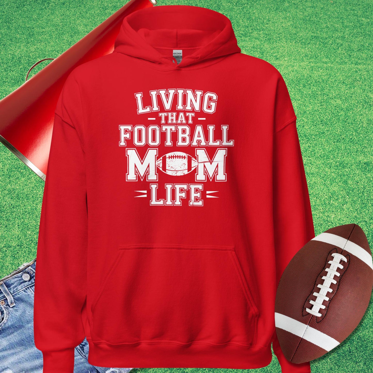 Living That Football Mom Life Hoodie in Red - Football Mom Present Ideas by Sideline Gods