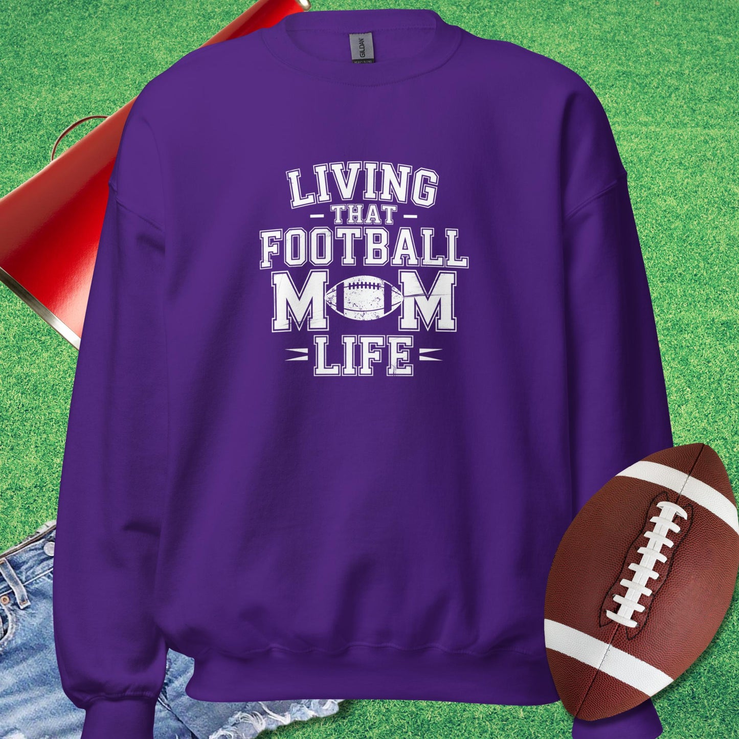Living That Football Mom Life Sweatshirt in Purple - Football Mom Present Ideas by Sideline Gods
