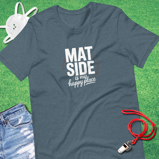 Mat Side Is My Happy Place T-Shirt in Heather Slate - Wrestling Mom T-Shirt | Sideline Gods