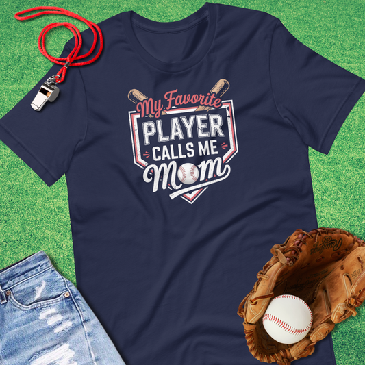My Favorite Baseball Player Calls Me Mom T-Shirt in Navy - Baseball Mom T-Shirt | Sideline Gods