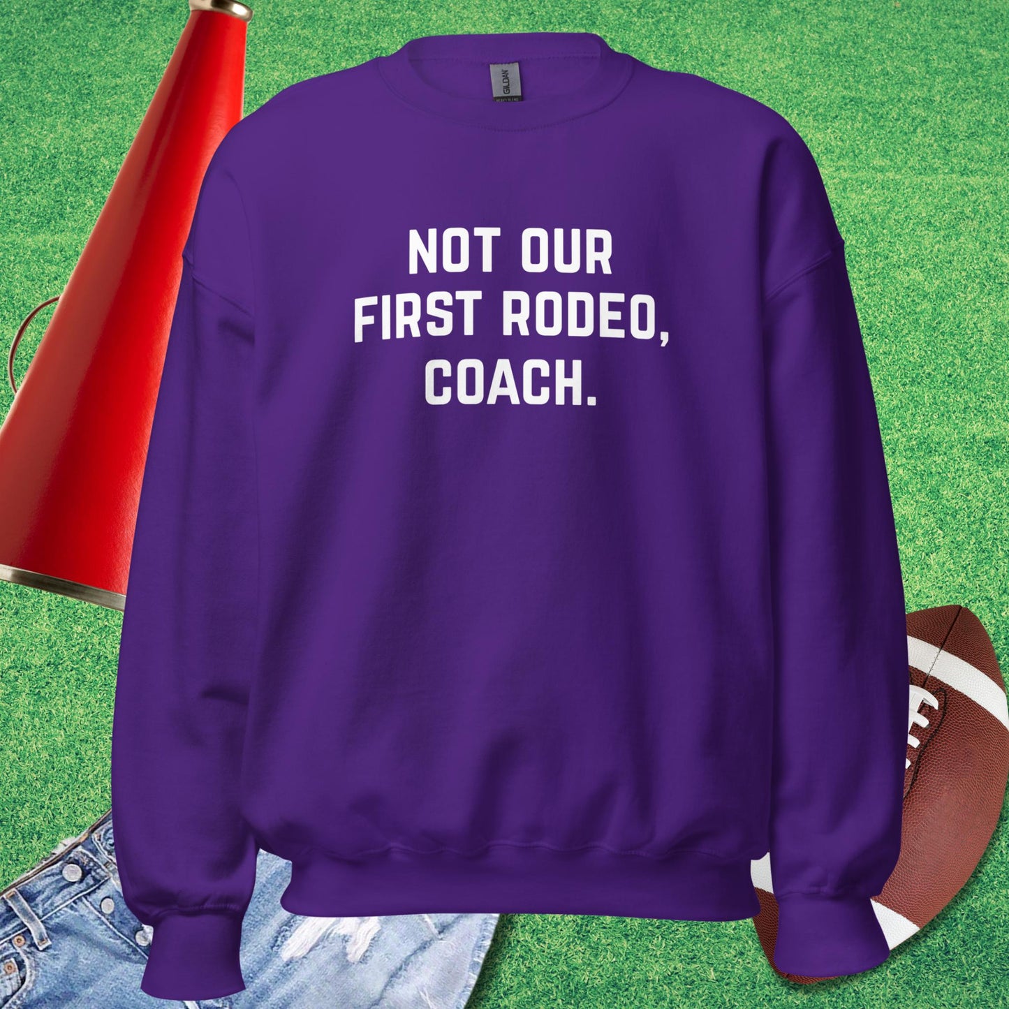 Not Our First Rodeo Sweatshirt in Purple - sarcastic sports  Sweatshirt | Sideline Gods