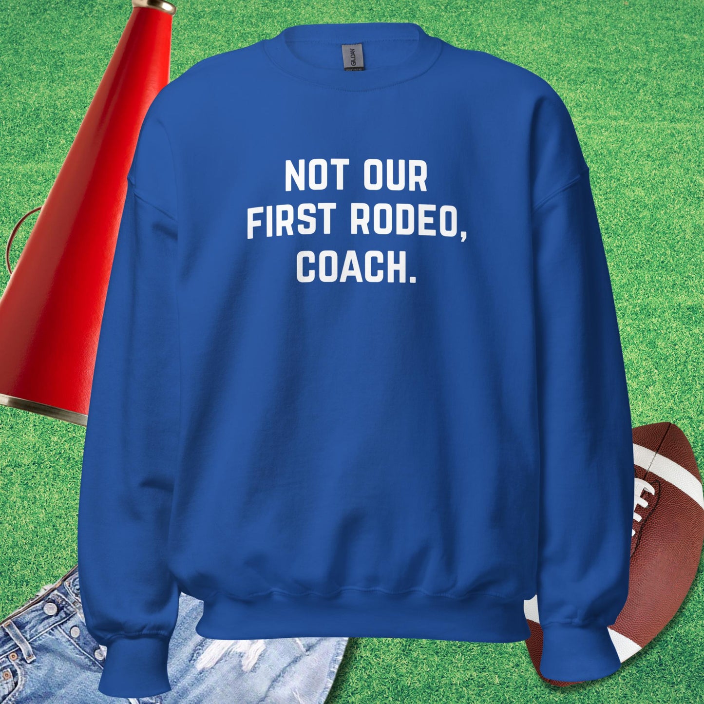 Not Our First Rodeo Sweatshirt in Royal - sports parents Sweatshirt | Sideline Gods