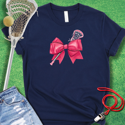 Pink Lacrosse Bow T-Shirt in Navy - Lacrosse Mom T-Shirt | Sideline Gods