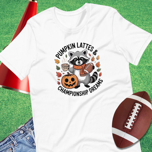 Pumpkin Lattes and Championship Dreams T-Shirt in white – fall sports shirt