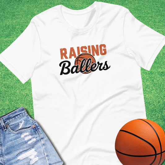 Raising Ballers basketball t-shirt for proud sports parents