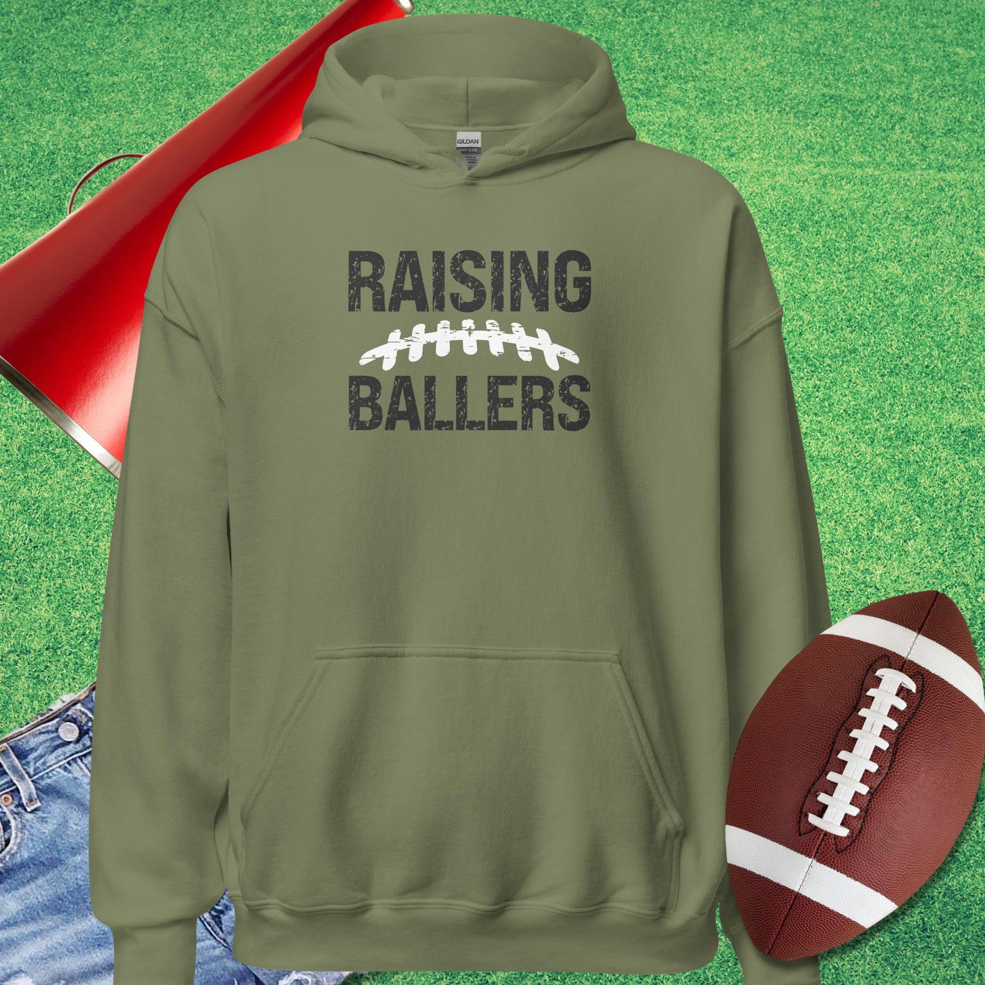 Raising Footballers Hoodie in Military Green - Proud Parent Football Hoodie - Sideline Gods