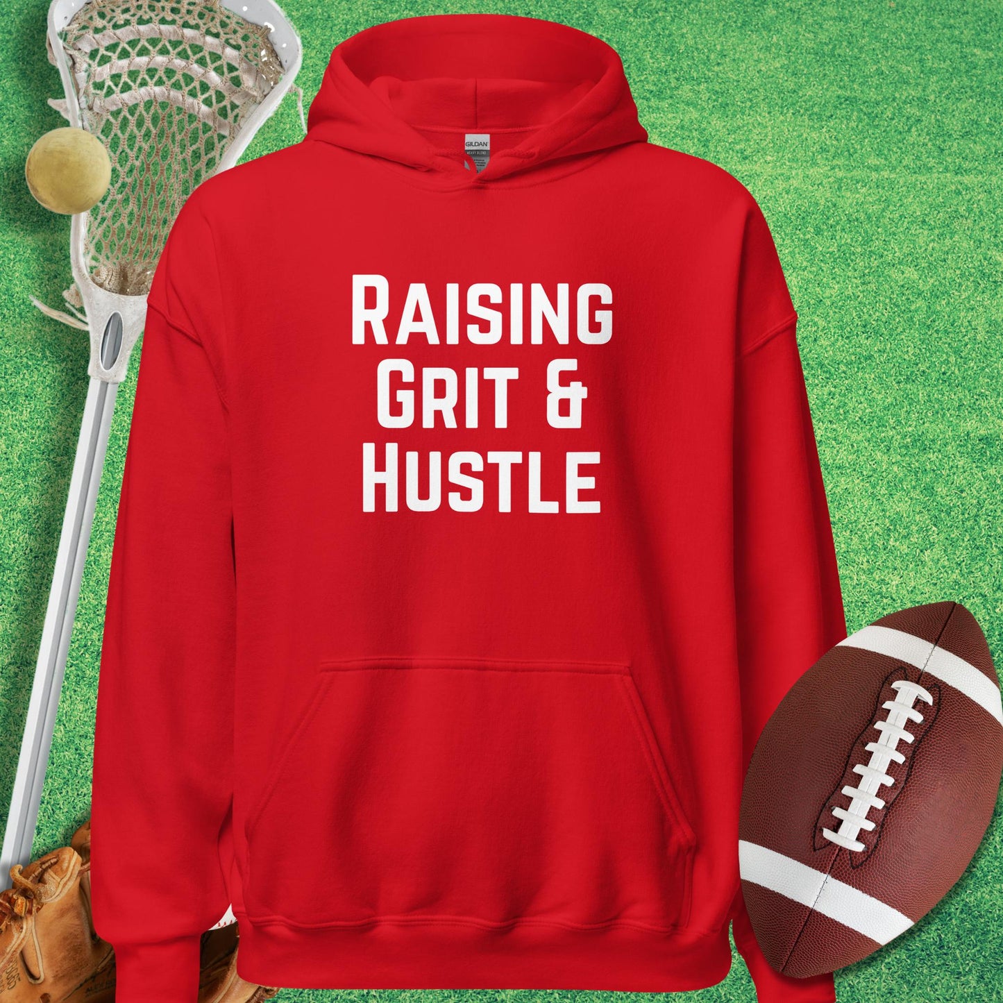 Raising Grit and Hustle Hoodie in Red - funny sideline Hoodie | Sideline Gods