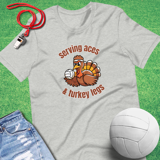 Serving Aces and Turkey Legs T-Shirt in Athletic Heather - Thanksgiving Volleyball T-Shirt | Sideline Gods