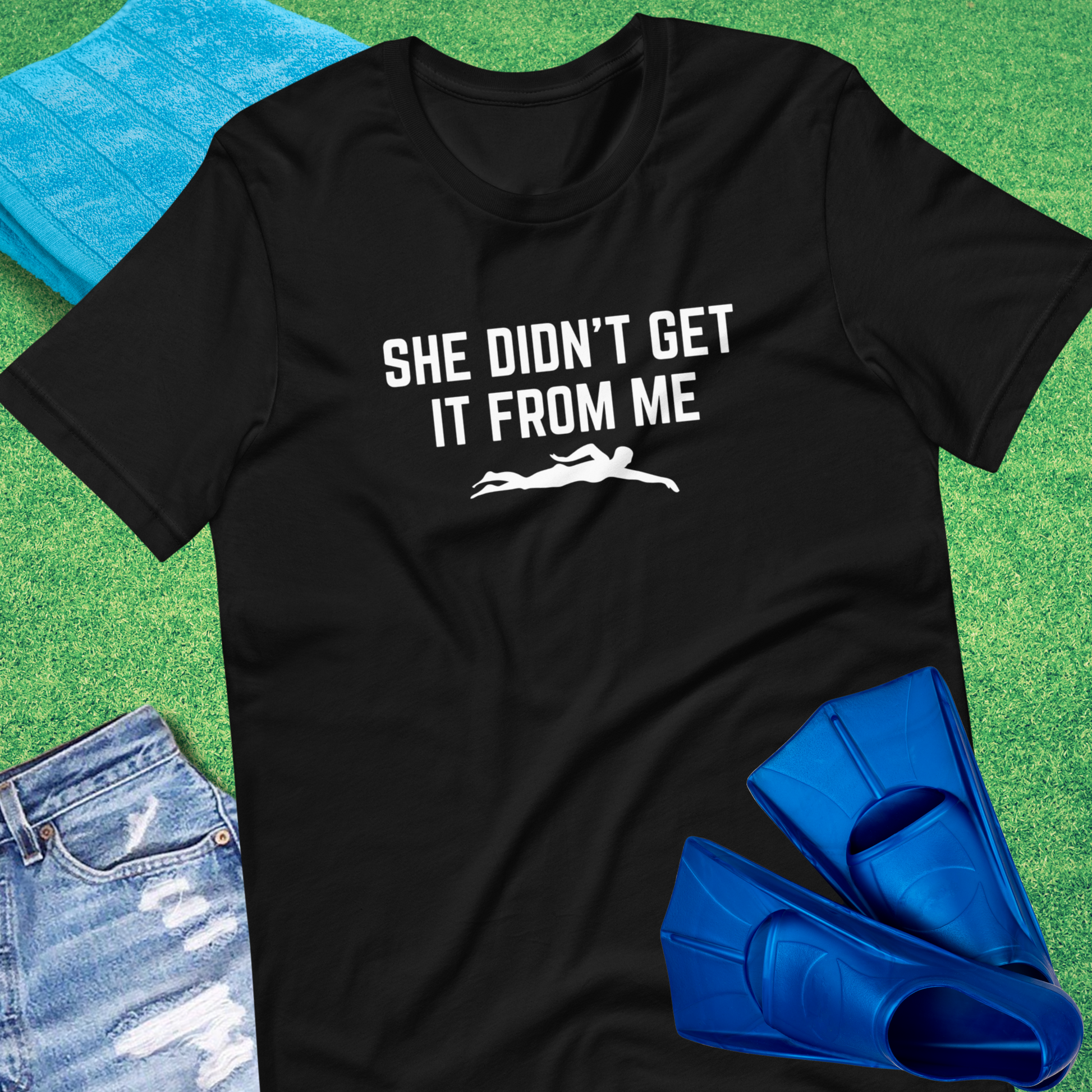 She Did't Get Swimming From Me T-Shirt in Black - Sarcastic Swim Team T-Shirt | Sideline Gods