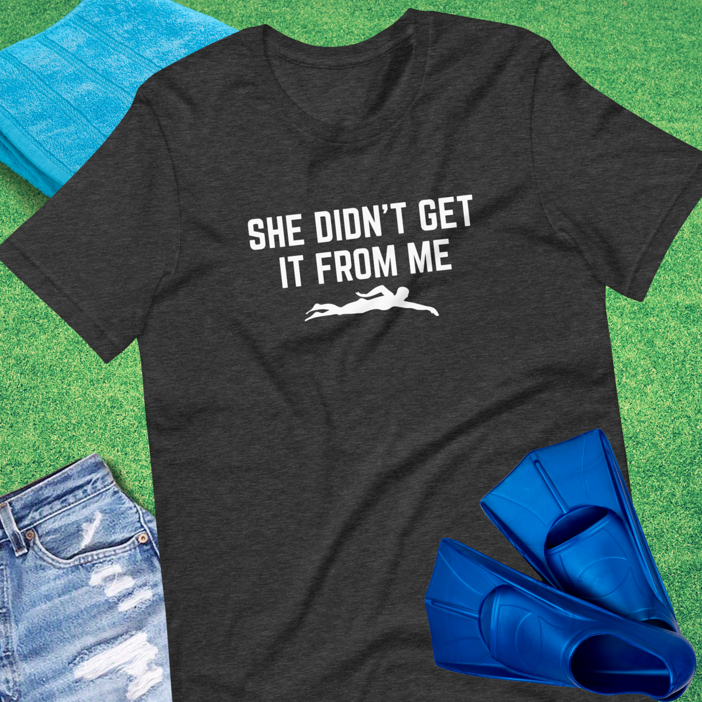 She Did't Get Swimming From Me T-Shirt in Dark Grey Heather - Humorous Swim Team T-Shirt | Sideline Gods