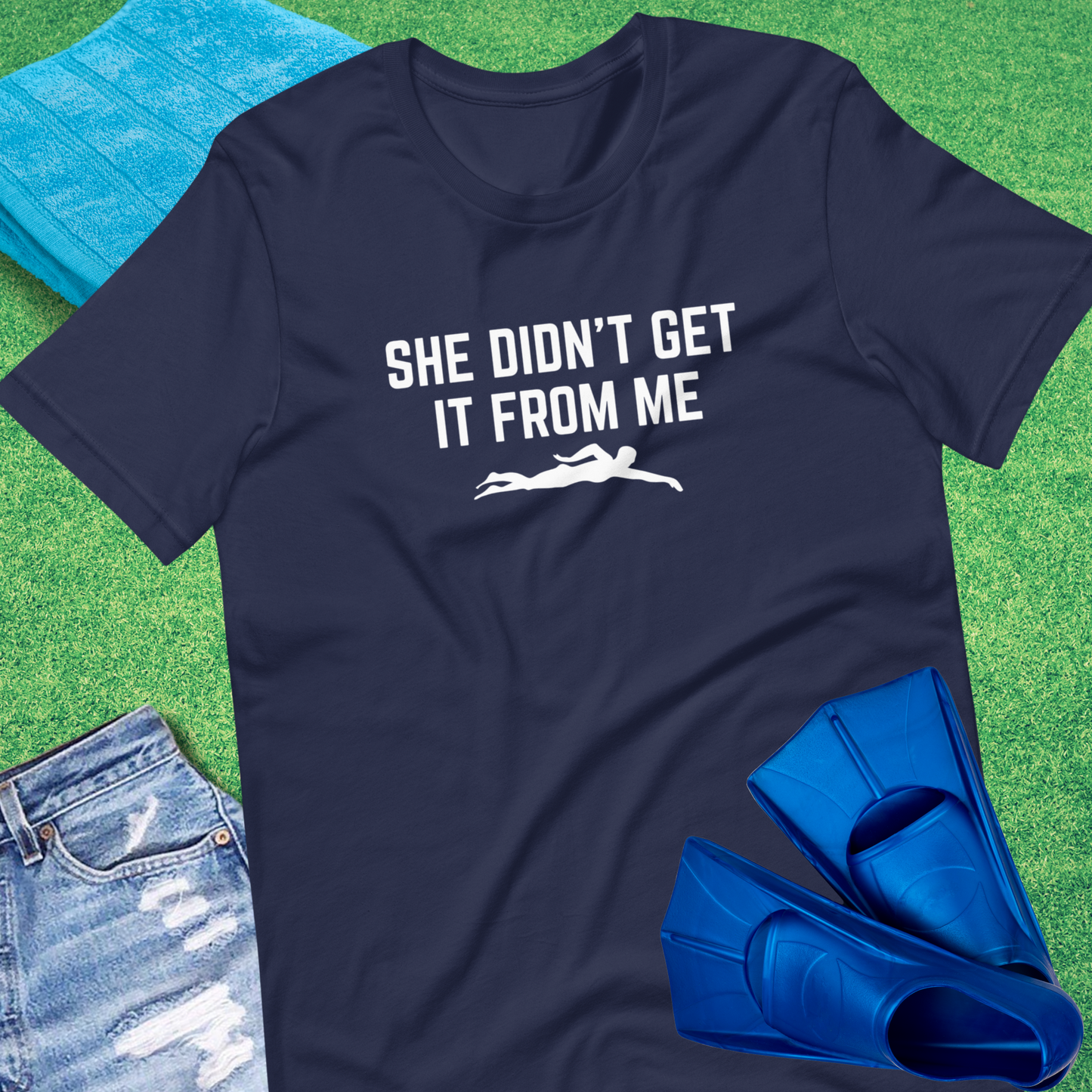 She Did't Get Swimming From Me T-Shirt in Navy - Funny Swim Team Gear | Sideline Gods