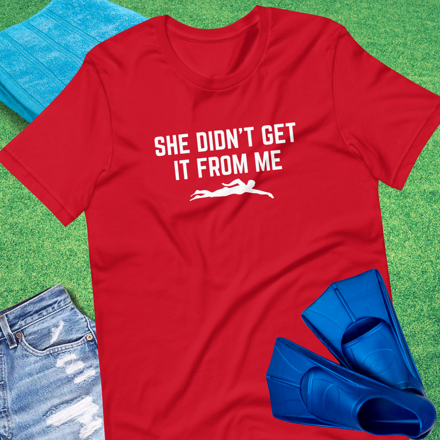 She Did't Get Swimming From Me T-Shirt in Red - Funny Pool T-Shirt | Sideline Gods