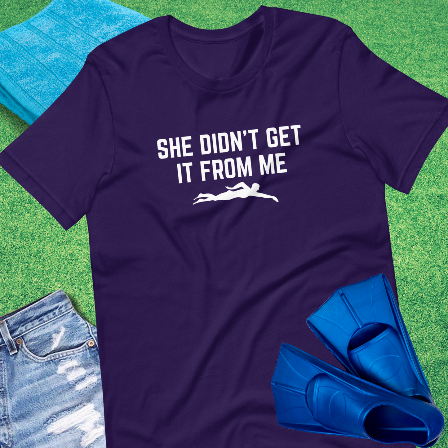 She Did't Get Swimming From Me T-Shirt in Team Purple - Funny Pool Side Gear | Sideline Gods