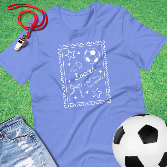 Soccer Stamp T-Shirt in Heather Columbia Blue - Unique Soccer T-Shirt for Players and Fans | Sideline Gods