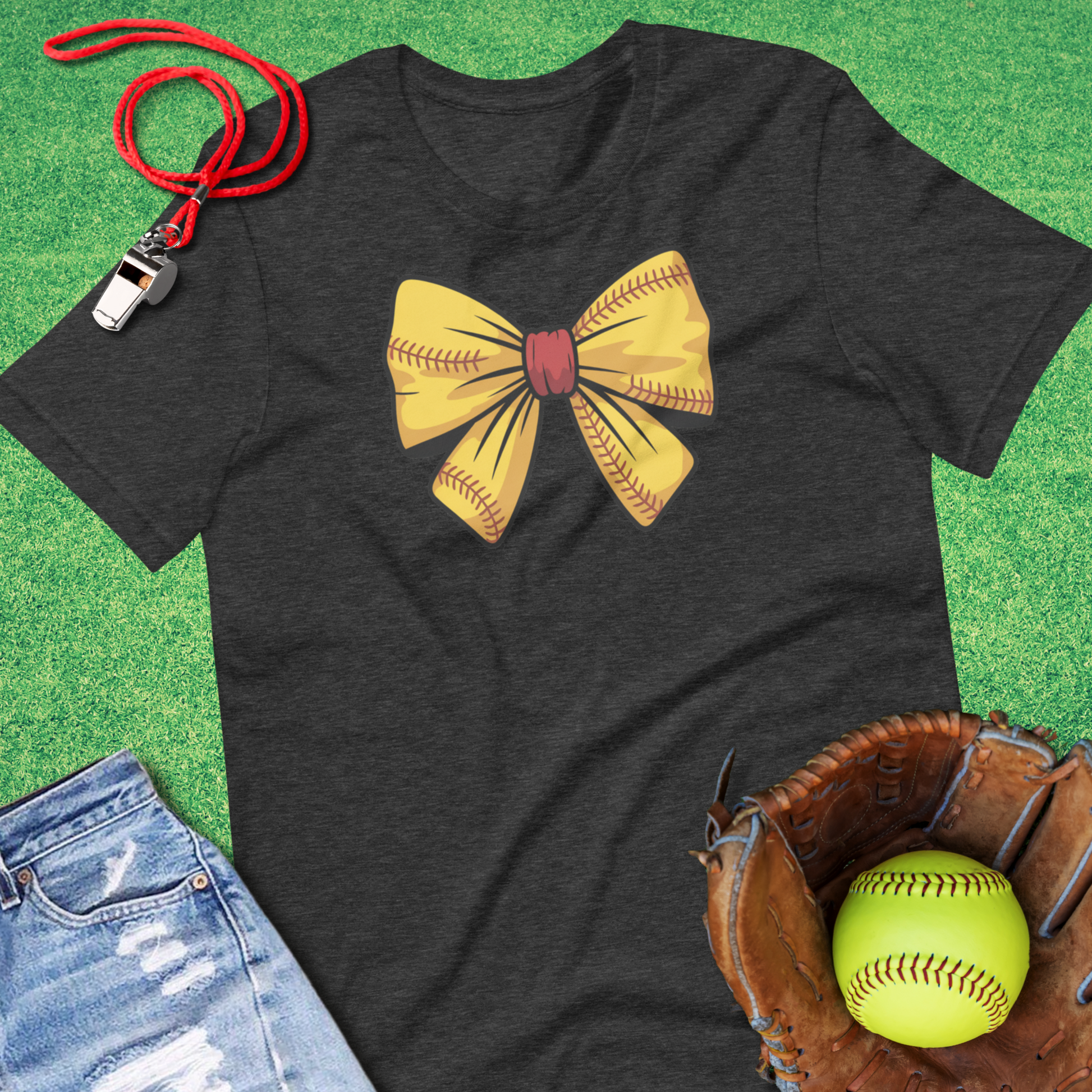 Softball Bow T-Shirt in Dark Grey Heather - Ballpark Mom T-Shirt | Sideline Gods