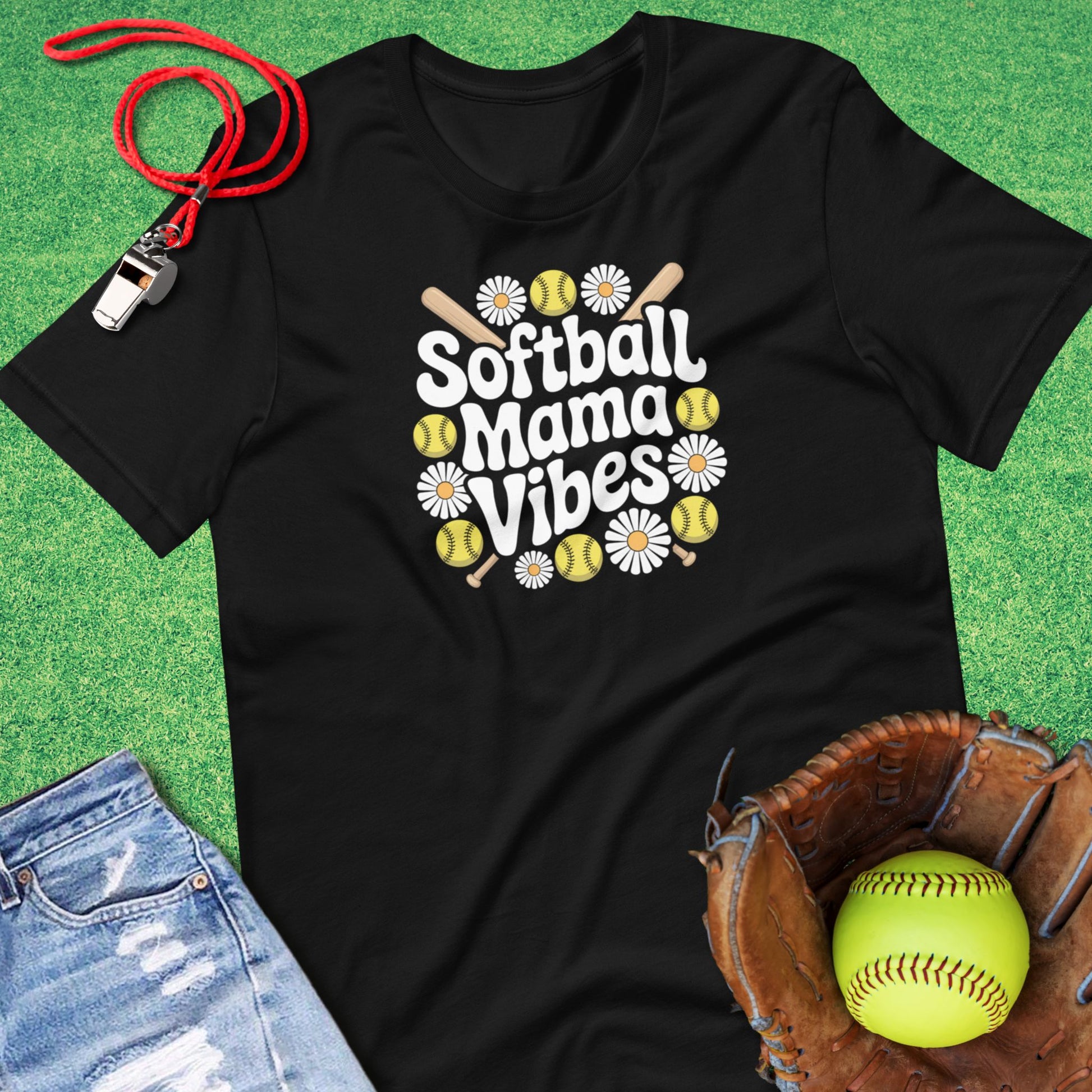 Softball Mama Vibes Flower T-Shirt in Black - Ballpark Mom Gift | Sideline Gods