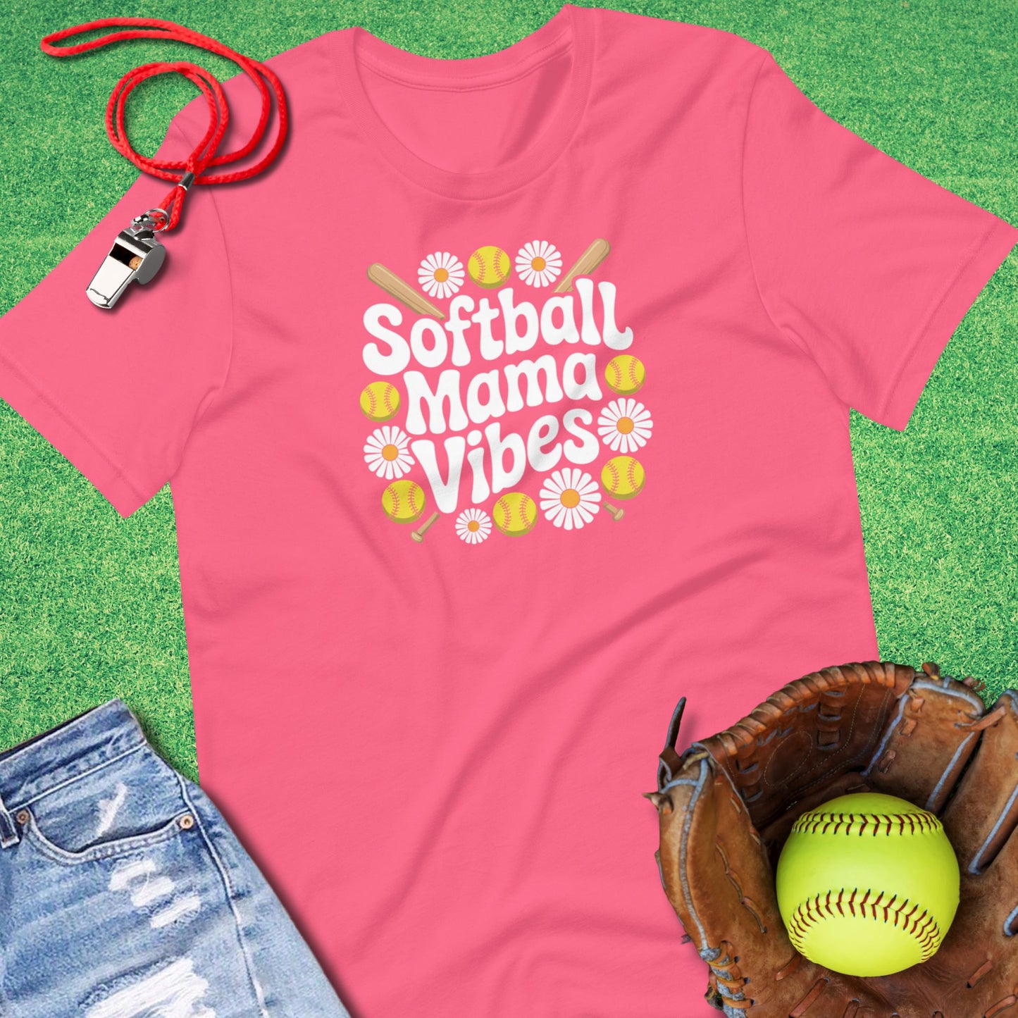 Softball Mama Vibes Flower T-Shirt in Charity Pink - Softball Mom Gift | Sideline Gods