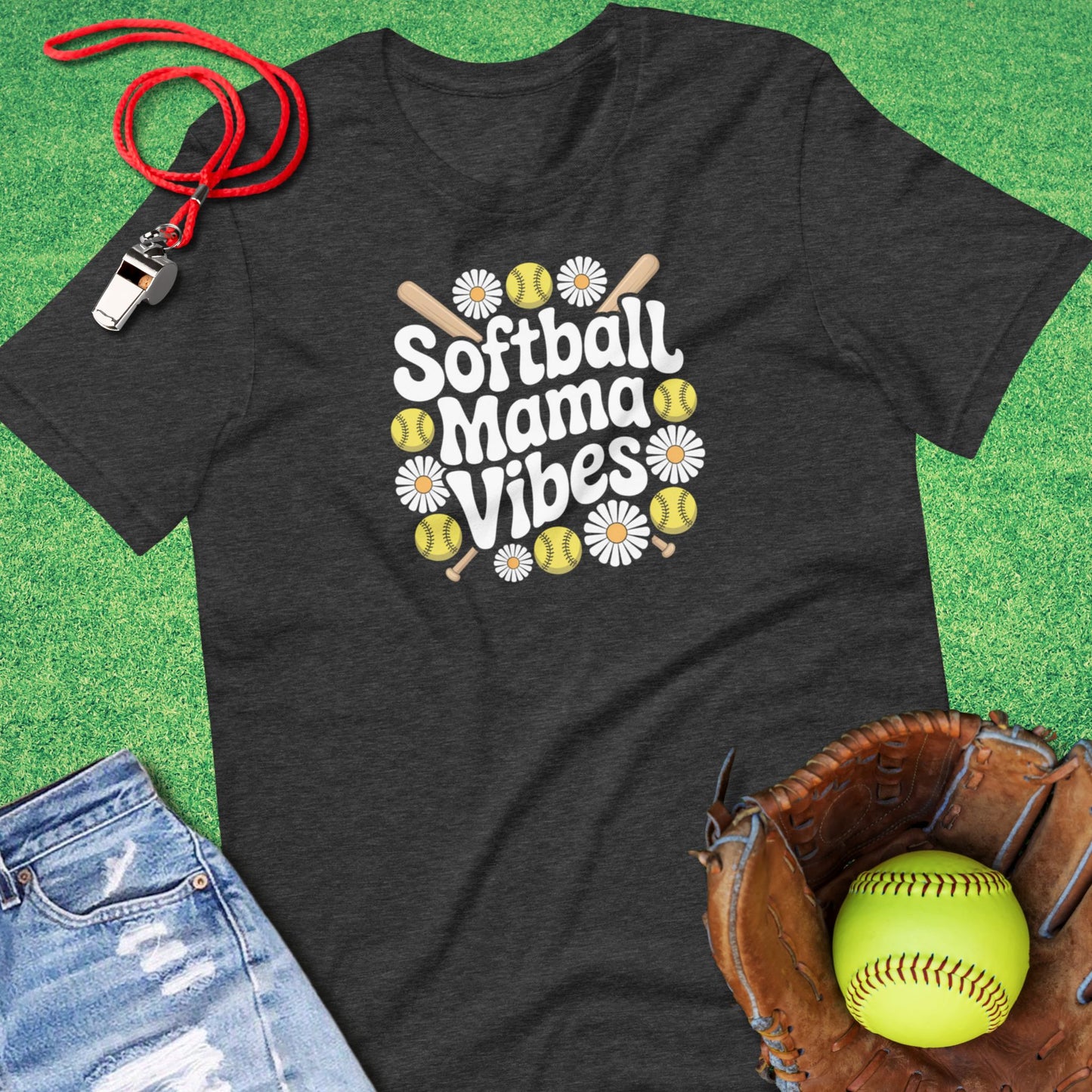Softball Mama Vibes Flower T-Shirt in Dark Grey Heather - Ballpark Mom T-Shirt | Sideline Gods