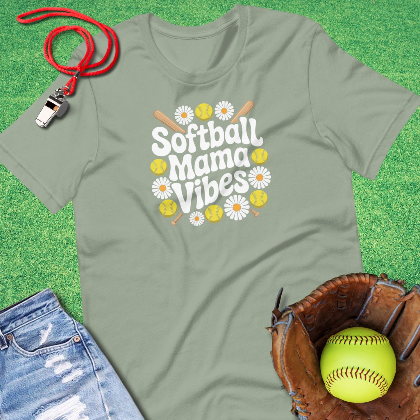 Softball Mama Vibes Flower T-Shirt in Sage - Softball Mom Tournaments T-Shirt | Sideline Gods