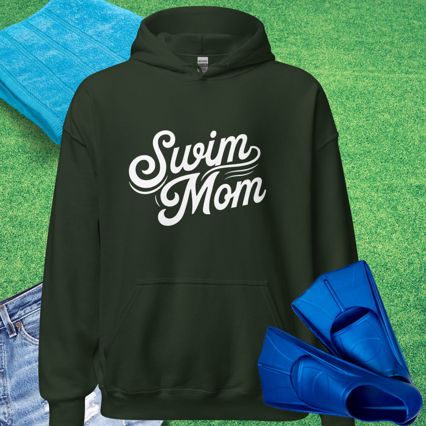 Swim Mom Script Hoodie in Forest Green - Swim Team Mom Gift | Sideline Gods