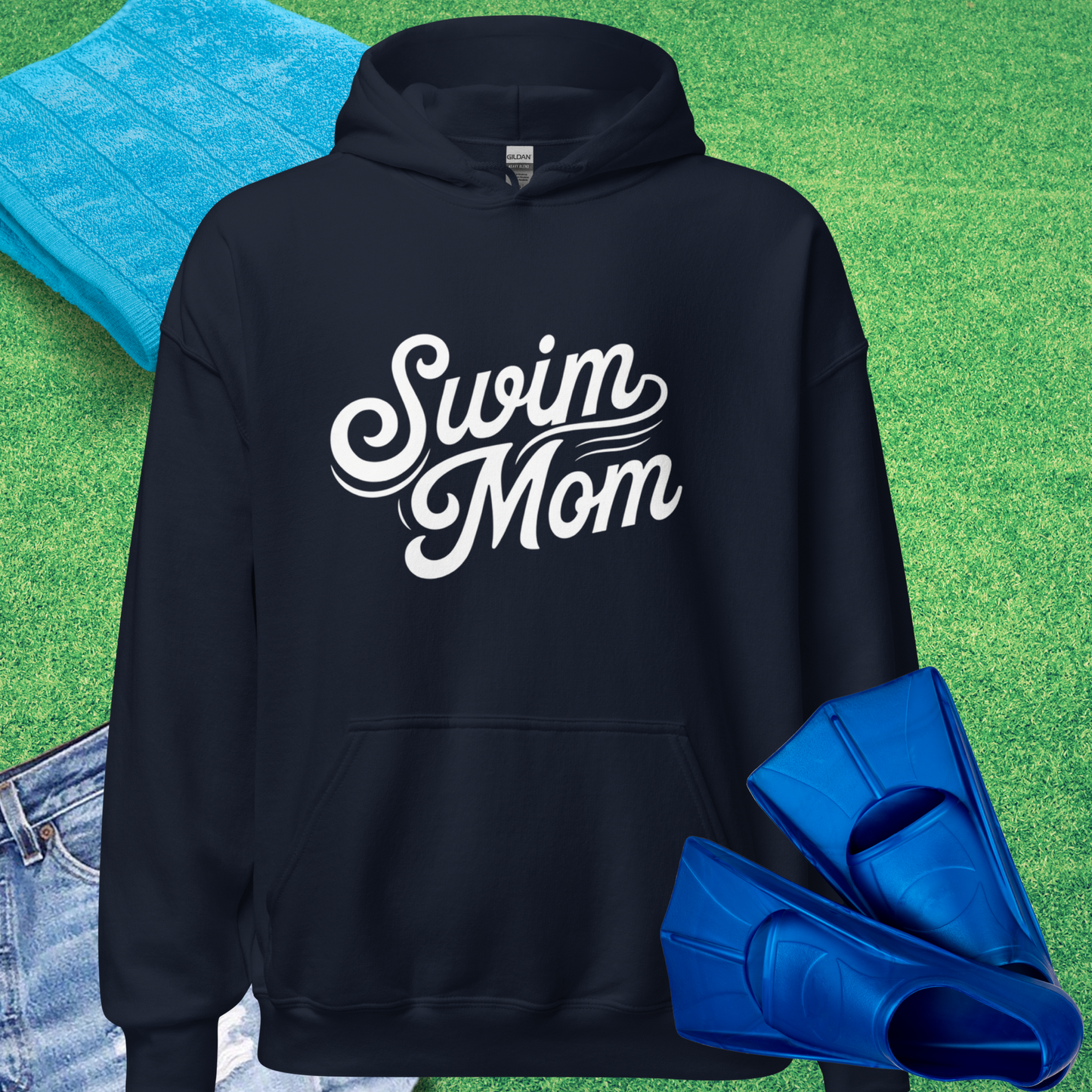 Swim Mom Script Hoodie in Navy - Swim Team Mom Spirit | Sideline Gods