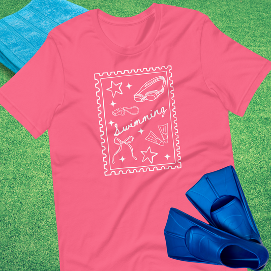 Swimming Stamp T-Shirt in Charity Pink - Swim Team Mom T-Shirt | Sideline Gods