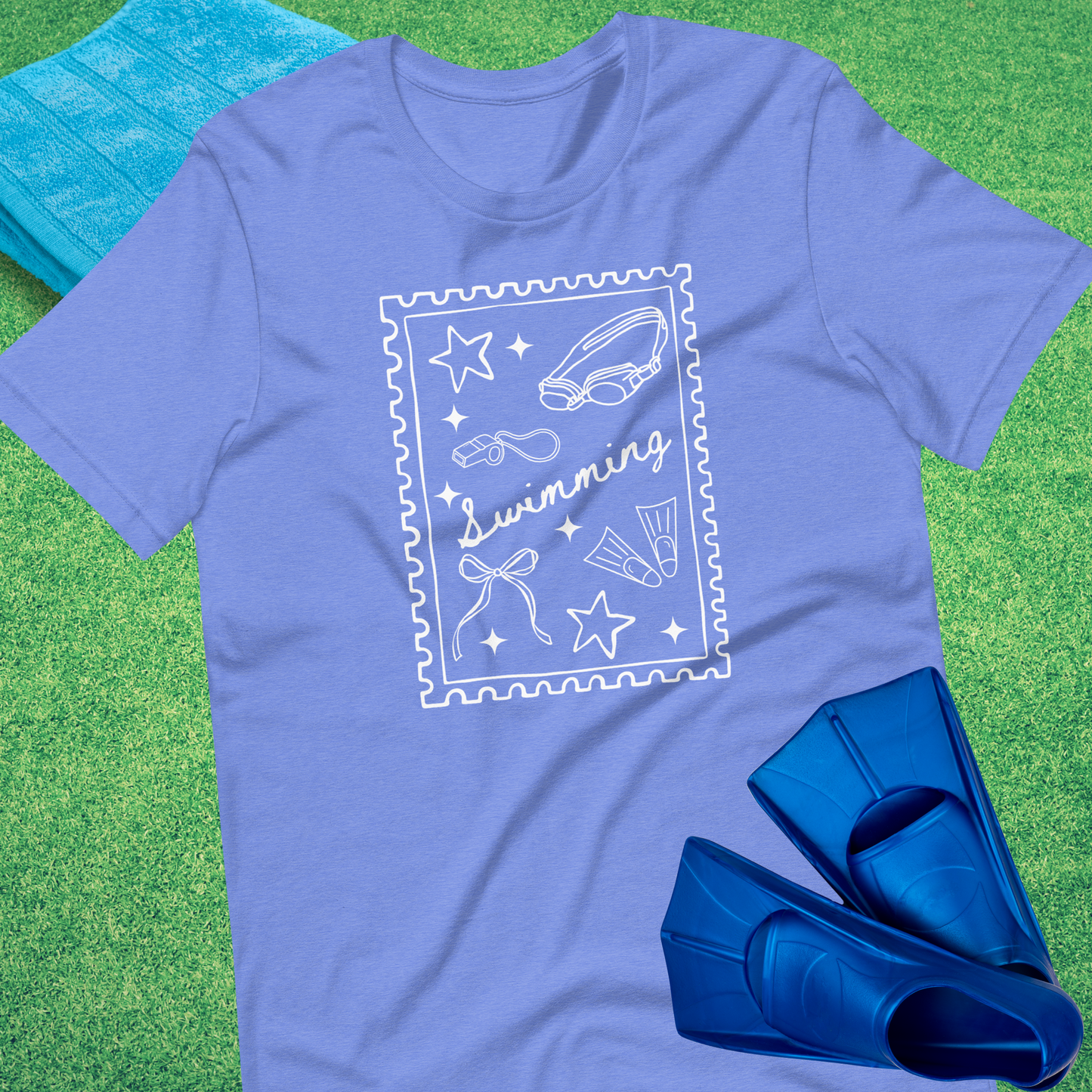 Swimming Stamp T-Shirt in Heather Columbia Blue - Cute Swim Team Mom T-Shirt | Sideline Gods