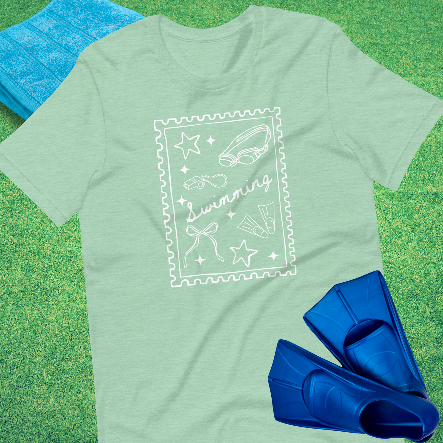 Swimming Stamp T-Shirt in Heather Prism Mint - Swim Team Mom T-Shirt | Sideline Gods