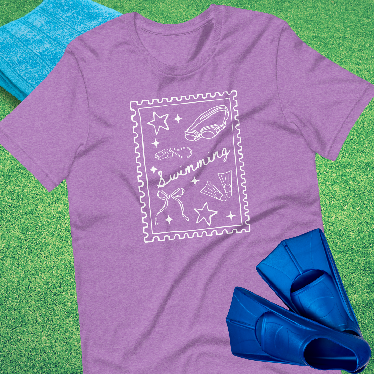 Swimming Stamp T-Shirt in Heather Team Purple - Swim Team Mom Gift | Sideline Gods