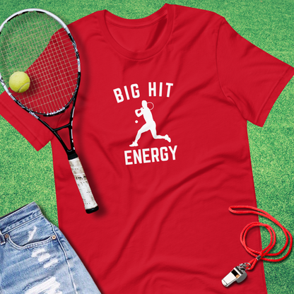 Big Hit Energy tennis t-shirt with bold player graphic by Sideline Gods red mom game day gift