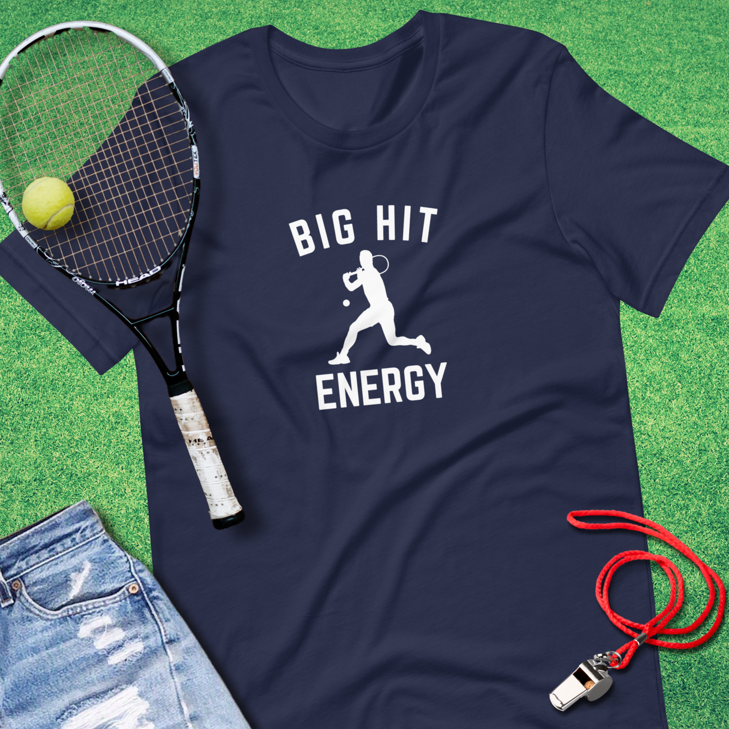 Close-up of Big Hit Energy tennis design on navy graphic tee