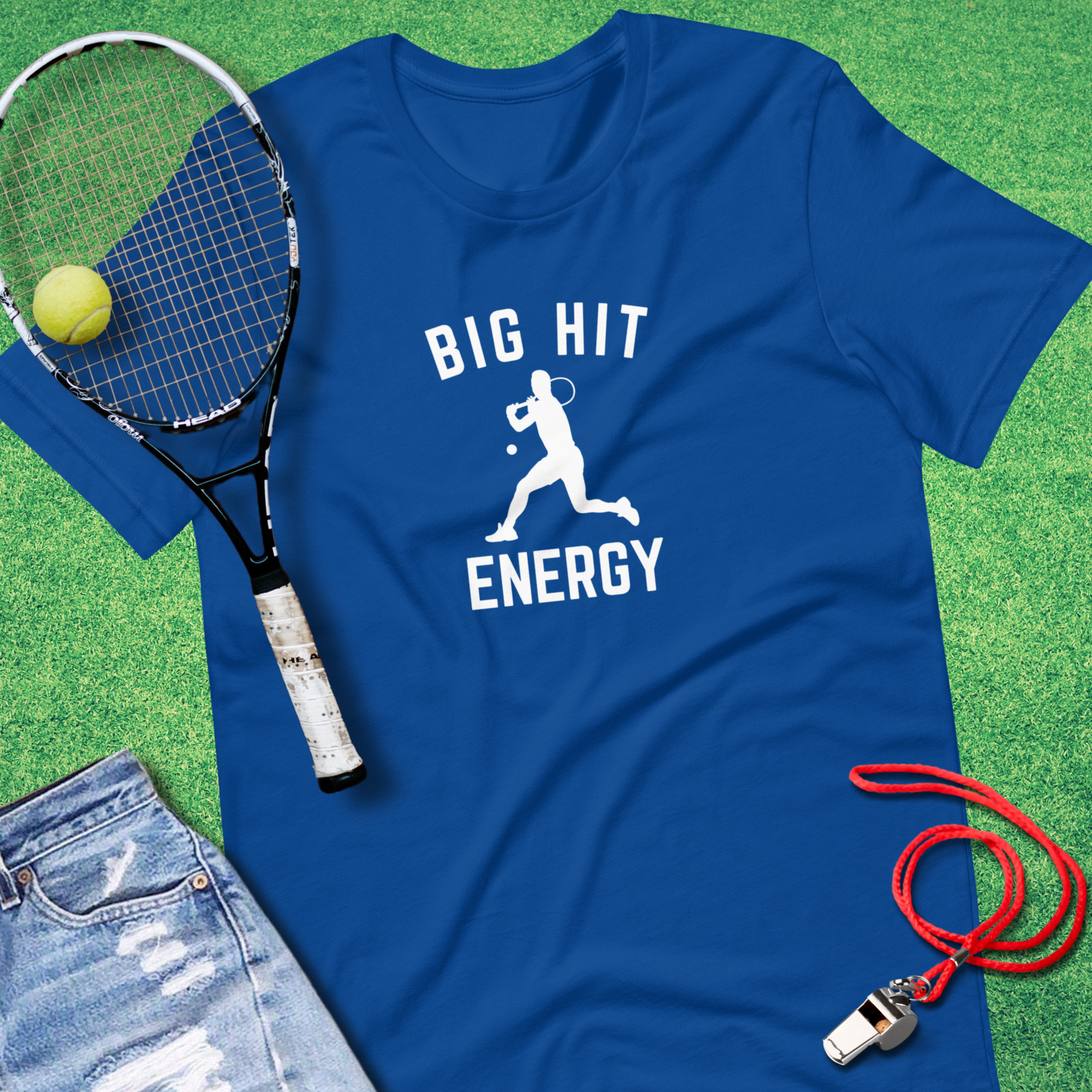 Big Hit Energy tennis t-shirt with bold player graphic by Sideline Gods.