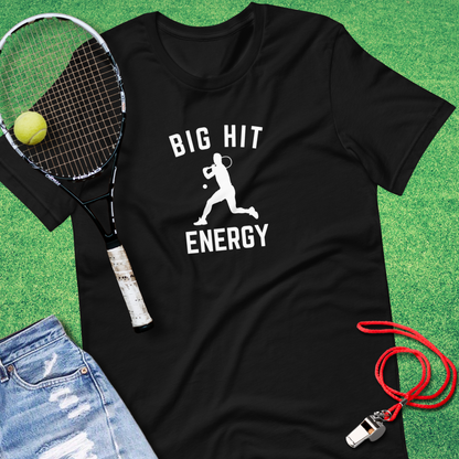 Close-up of Big Hit Energy tennis design on black graphic tee.